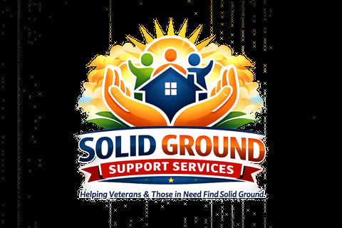 Solid Ground Support Services logo with sun, hands, house, and three diverse figures helping veterans and those in need