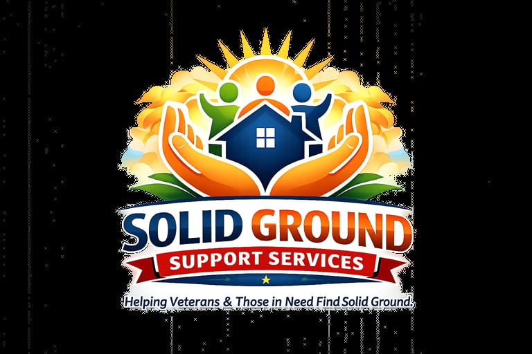 Solid Ground Support Services logo with sun, hands, house, and three diverse figures helping veterans and those in need